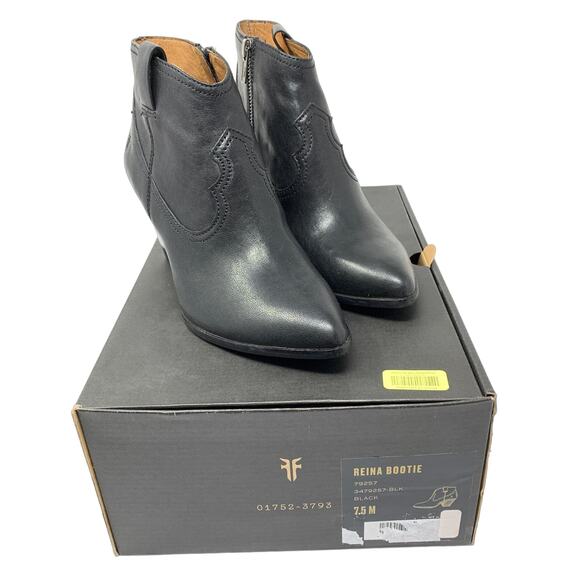 Frye Women's Size 7.5 Reina Western Bootie Black Leather Pointed Toe Heeled Boot - Picture 2 of 10